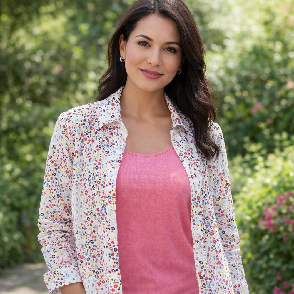 Draper's & Damon's Eyelet Jacket White Pink Long Sleeve Women's Large NWOT